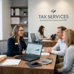Preparadora de impuestos atiende a dos clientes en el mostrador de una oficina de taxes con el rótulo Tax Services