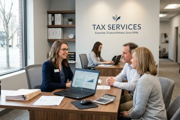Preparadora de impuestos atiende a dos clientes en el mostrador de una oficina de taxes con el rótulo Tax Services