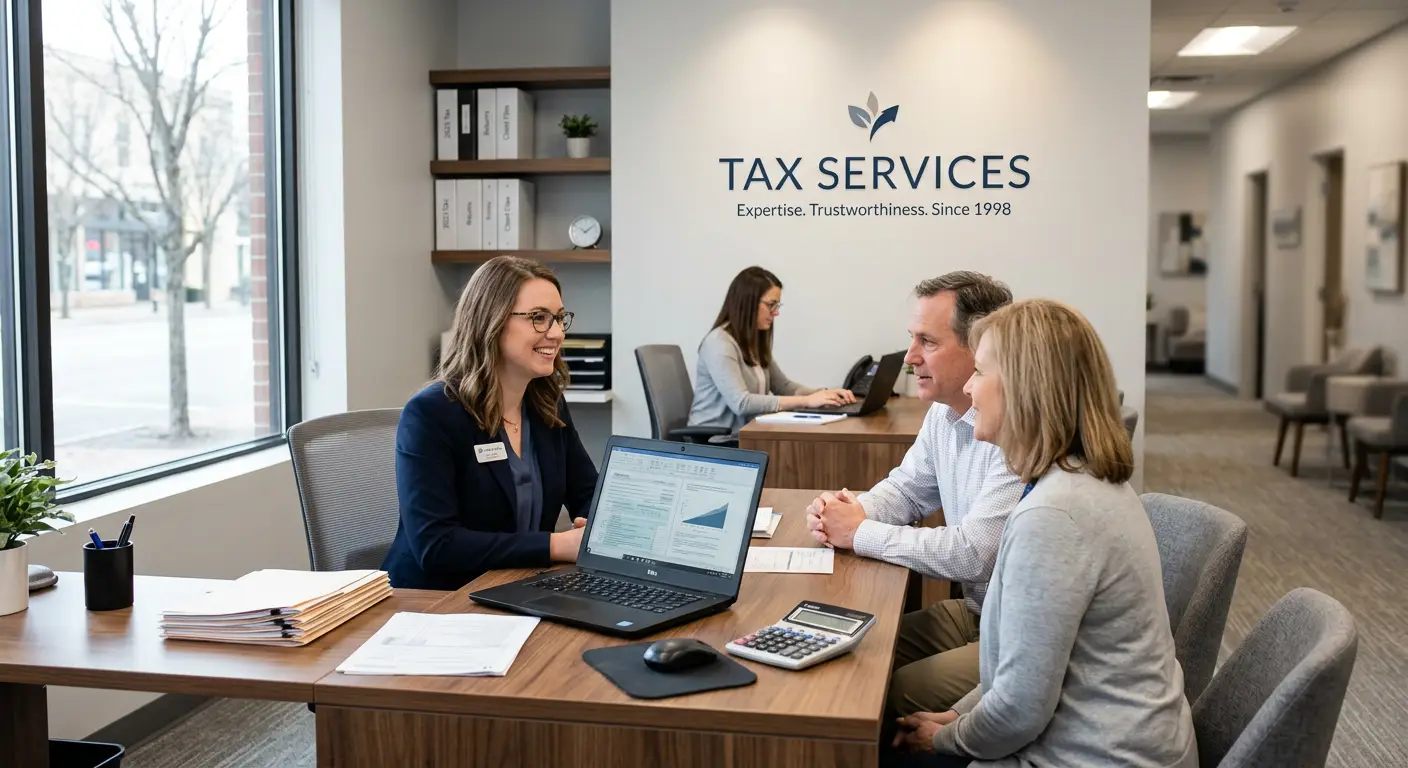 Preparadora de impuestos atiende a dos clientes en el mostrador de una oficina de taxes con el rótulo Tax Services